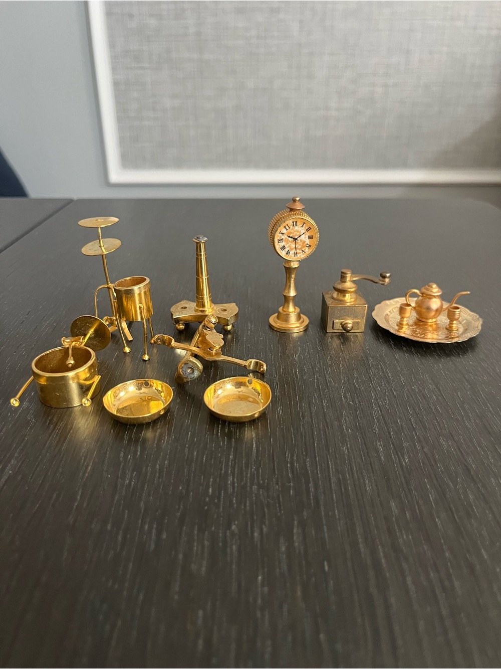 Miniature Brass Dollhouse Accessories Clock, Tea Set, Grinder, Scale, Drum Set